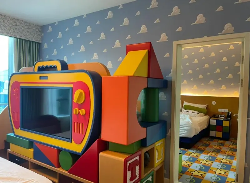 Shanghai Disneyland Hotel room interior with Disney themed decorations